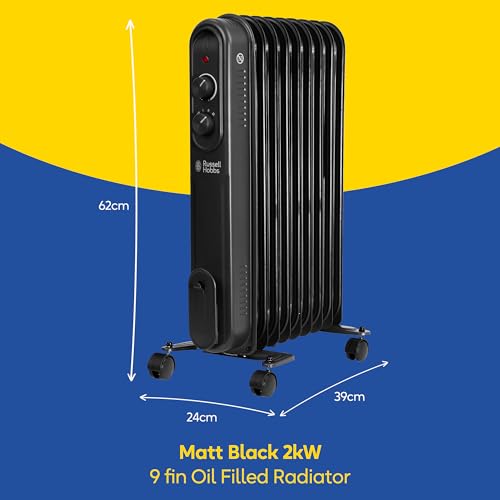 Russell Hobbs 2000W/2KW Oil Filled Radiator, 9 Fin Portable Electric Heater - Black, Adjustable Thermostat with 3 Heat Settings, Overheat Protection, 20m sq Room Size, 2 Year Guarantee RHOFR9004B
