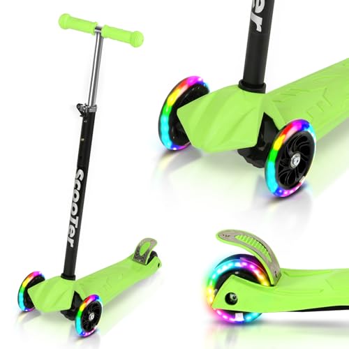 Fiqops Patinete infantil para niños de 3 a 12 años, patinete infantil con 4 alturas ajustables, ruedas luminosas LED para niños, plegable, fácil de dirigir, no plegable, verde