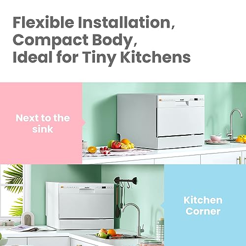 COMFEE' Dishwasher 6 Places with 7 Programe Super Quiet Rapid Wash ECO 70 C°Hygiene Wash, Flexible Installation Wi-Fi Function APP Control- White