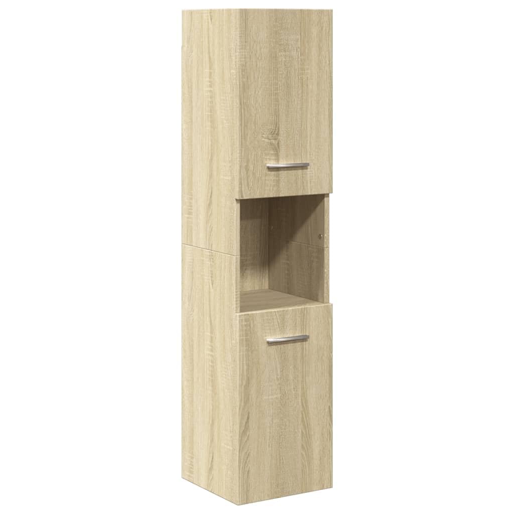 4-TLG. Badmöbel-Set Sonoma-Eiche Holzwerkstoff mit Hochschrank und Spiegel, wandmontierbar, feuchtigkeitsbeständig, klare Glas-Spiegelfläche für Make-up und Rasur