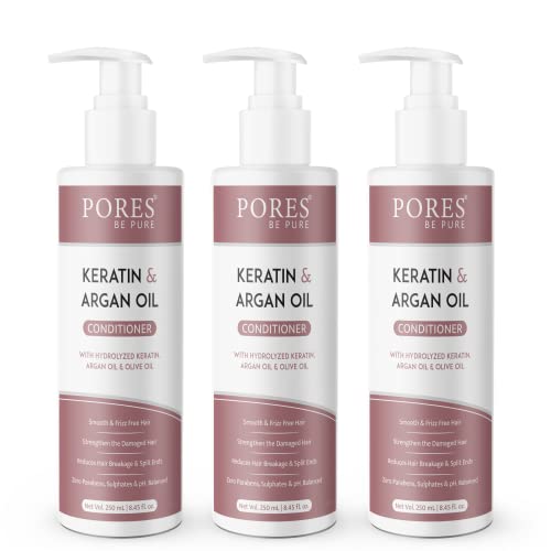 Image of PORES Be Pure Hair Conditioner with Hydrolyzed Keratin, Argan & Olive Oil | Nourishing Conditioner for Dry, Frizzy, Damaged Hair | Hair Smoothening & Strengthening Formula for Men & Women | Paraben & Sulfate Free - ( 250 ml X 3 )