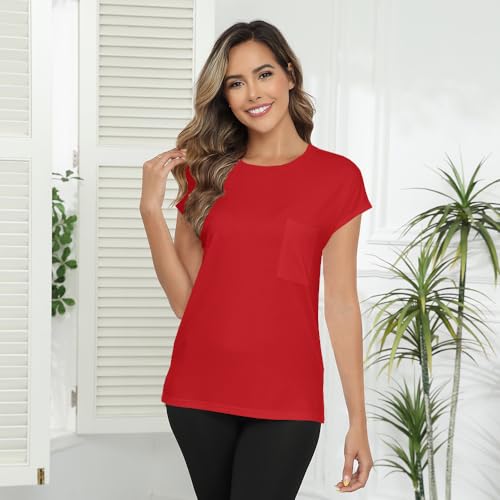 Smile Fish Womens Summer Short Cap Sleeve Shirts Solid Loose Fit Pocket Tunic Tops2