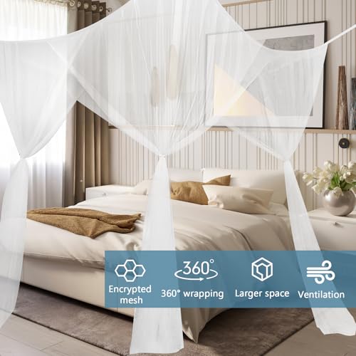 Tikplus Moskitonetz Doppelbett， 210x240x190cm Himmelbett Moskitonetze mit 4 Eckpfosten, Hängendes Mückenschutz Bed Canopy für Einzel Bett Insektenschutz Reise Hause Außenbereich
