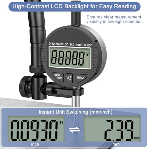 Image of HDLNKAK Digital Dial Indicator Gauge 0.5 inch /12.7mm,Resolution:0.0005'' /0.01mm | Electronic Digital Dial Indicator with Inch /Metric Conversion, LCD Display for Lathe, 3D Printing, Workshop, CNC, Table Saw