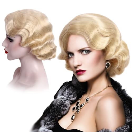 Perruque courte ondulée noire style 1920 sans coiffeur pour bal