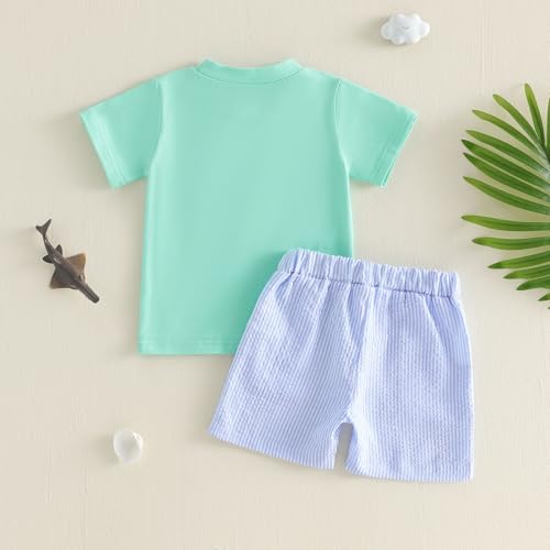 Bagilaanoe 2PCS Summer Outfit Toddler Baby Boy Sailboat/Helicopter/Fish Short Sleeve T-Shirt Plaid Shorts Set (Light Green, 3-4T)