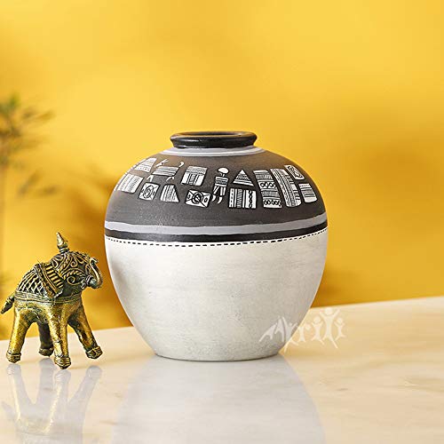 Image of Aakriti Art Creations Handcrafted Black & White Warli Terracotta Vase (5x5 HxD) | Tribal Art Decorative Flower Vase | Matte Finish Modern Vase for Living Room Decor, Table Decor, Shelf Decor & Gifting