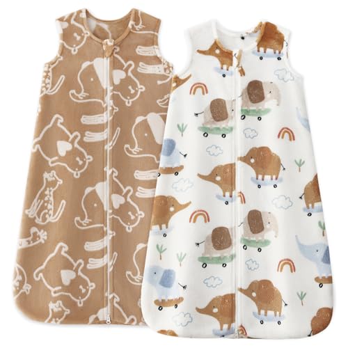 Image of Unnivoll Fleece Baby Sleep Sack 6-12 Months 2.0 Tog Baby Wearable Blanket with 2-Way Zipper Warm Sleeping Sack for Infant Newborn - Medium Brown & White Elephant