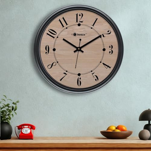 Image of Bosco Decorative Non Ticking Silent, Brown with Black Frame 30 CM, Modern Design Round Wall Clock for Home, Living Room, Bedroom, Office and Kitchen| BWC-1606 Brown