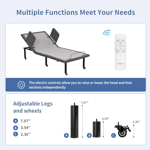 ESHINE Adjustable Bed Frame with Wireless Remote, Head and Foot Incline, Adjustable Leg with Wheel, Bed Rail, Nursing Bed Base, Twin XL - Thumbnail 4