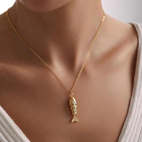 LIU JUN Movable 3D Articulated Fish Necklace, Gold Pave Fish Pisces Sea Lover Lucky Fish Pendant Necklaces For Women Men Summer Beach Trendy Jewelry Gifts3