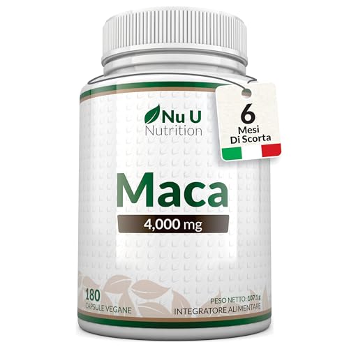 Radice di Maca Peruviana Nera 4000mg - 180 Capsule Vegane - 6 Mesi di Durata - 130mg di Maca Andina per Capsula - Integratore per Uomini e Donne - Nu U Nutrition