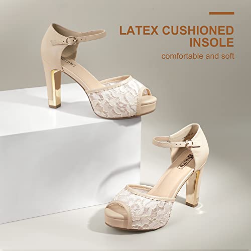 Idifu Women's In4 Mary Platform Chunky High Heels Sandals Peep Toe Dress Wedding Bridal Shoes For Women Bride Bridesmaid (Nude Pu, 8 M Us) #TOP4