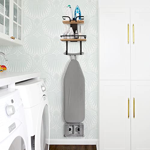 VINAEMO-Ironing-Board-Hanger-Wall-Mount-2-Layer-Iron-and-Ironing-Board-Holder-Laundry-Room-Shelves-Solid-Wood-with-Removable-Hooks-Home-Organization-and-Storage