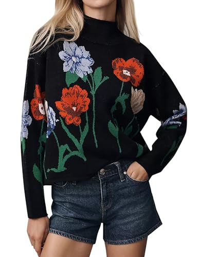 Womens Floral Mock Neck Sweaters Fall Long Sleeve Loose Casual Knit Flower Color Block Pullover Sweater Tops