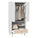 Kleiderschrank Drehtürenschrank mit 2 Türen und 1 Rattan Schublade, Schlafzimmerschrank Mehrzweckschrank Aktenschrank mit Offene Ablagefächer, 80×48×175cm, Weiß, HD26021204
