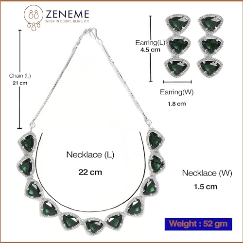 Image of ZENEME Rhodium Plated Silver Toned Triangular Shaped American Diamond Studded Jewellery Set For Women and Girl
