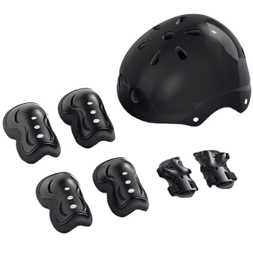OVERS Kids & Adults Protective Gear Set 7-in-1 Helmet Knee Pads Elbow Pads & Wrist Guards for Scooter Skateboarding Cycling & Roller Skating (Black Adjustable)