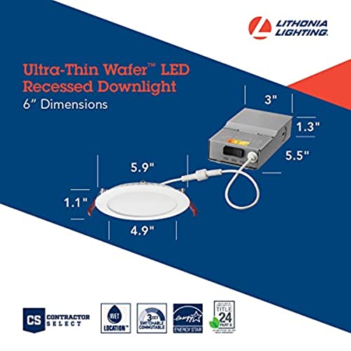 Lithonia Lighting Wf6 Led 27K30K35K 90Cri Mb M6 Recessed Wafer Downlight With Ultra Thin Round Trim, Color Temperature Selectable, 6-Inch, Matte Black #TOP3