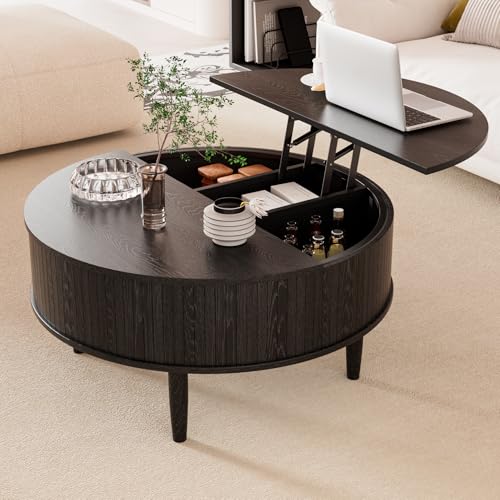 Image of Round Fluted Lift Top Coffee Table with Storage, Mid Century Modern Coffee Table for Living Room, Home Small Space,31.5 inch Fluted Center Table (Black, 31.5inch)