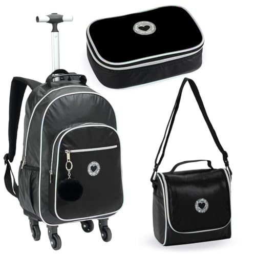 Kit Mochila Escolar Feminina Teen, Mochila com Rodinhas + Lancheira Térmica com Alça Transversal + Estojo Porta Lápis (Preta)