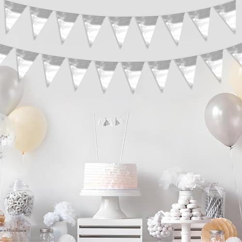 Image of 65FT Silver Glitter Triangle Pennant Banner Flag Metallic Bunting Fabric Garland for Christmas Graduation Wedding Engagement Anniversary Bachelorette Birthday Bridal Shower Valentine's Party Supplies