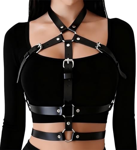 WARANDOD Punk Harness Belts for Woman Leather Chest Body Chain Belt Rave Halloween Accessories Belt Adjustable Gothic (Fit Waist 24.8-36 in)