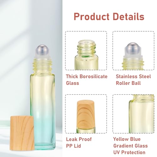 8Pcs 10mL (1/3 oz) Glass Roll on Bottles Yellow Blue Gradient Roller Vials Leak Proof Travel Size DIY Craft Container for Essential Oils Perfume Lip Balms4