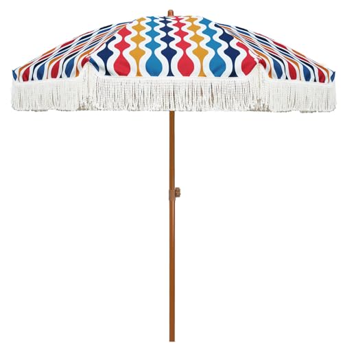 AMMSUN 7ft Patio Umbrella with Fringe Outdoor Tassel Umbrella UPF50+ Premium Steel Pole and Ribs Push Button Tilt, Wave Colorful