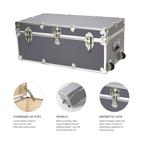 Image of Large Essential Trunk With Wheels, Tray, & Lid Organizer - 32 inchx18 inchx14 inch, 1000+ lbs Capacity. Strong, USA Made Summer Camp Footlocker, and Secure College Dorm Storage Chest (Camp and College, Slate)