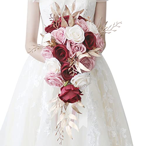 URFEDA Bouquet de Mariée Cascade Artificiel, Romantique Vintage Bouquet de Soie avec Feuille et Long Tige Artificielle Fleurs pour Mariage Bouquets Mariée Fête Accueil Décorations