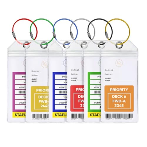 Cruise Luggage Tag Holders fit for All Printed Cruise Luggage Tags (Set of 6 ea with Colored Wire Loops) by Beluga Gears
