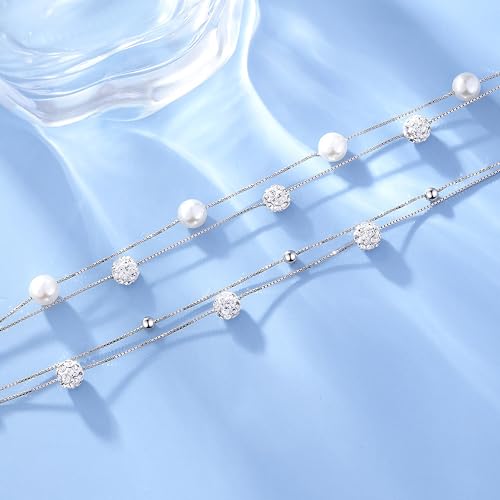 925 Sterling Silver Solid Slider Bead Bracelets for Women Cute Pearl Layered Bracelet Gold Plated Italian Mesh Friendship Link Chain Bracelet Jewelry Christmas Gifts for Mom Daughter3