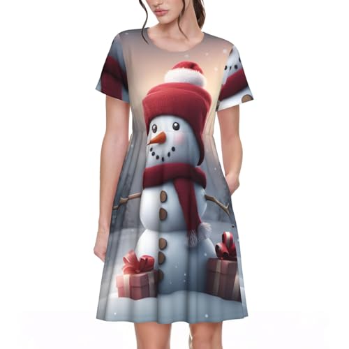 Robe d'été manches courtes motif bonhomme de neige fluide et légère pour femme