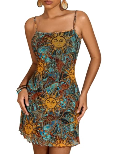 Image of Milumia Women's Summer Mini Dress 90s Boho A Line Mesh Short Dresses | Spaghetti Strap,Sleeveless,Vintage,Paisley Print,Festival Outfits,Cowgirl,Y2k,Goth,