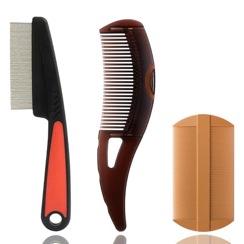 WhaleO 3 Stück Schuppenkamm Schorfkamm Erwachsene Edelstahl Läusekamm mit Silikongriff Lice Comb Flohkamm Dandruff Comb Stielkamm Geburtskamm für Frauen,Männer Kinder und Haustier