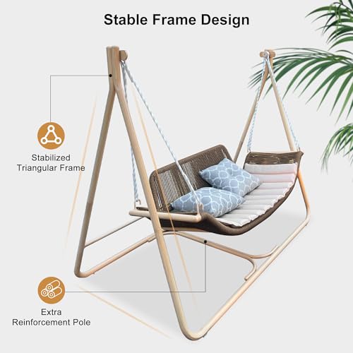 Image of PURPLE LEAF 2 Seat Porch Swing Outdoor Hand-Woven Rattan Bench Glider Loveseat Hanging Cloud Swing Chair with Stand for Indoor Backyard Garden Patio Hammock Swinging, Cushion and Pillows Included
