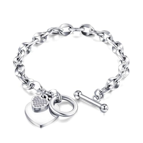 MGJ™ Crystal Heart Charm Toggle Bracelet for Women - Hypoallergenic Silver/Rose Gold Jewellery Gift for Her (Silver)
