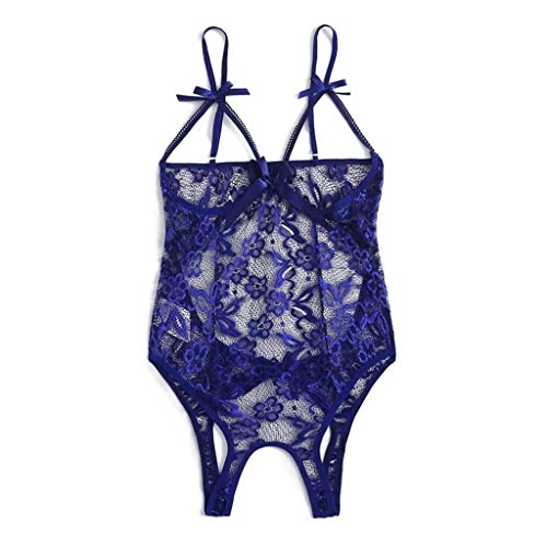 Ropa de dormir sexy para mujer, lencería de encaje negligee con cuello halter ropa de dormir transparente Teddy Body Body Abierto Corsé Sleepwear Teddy Vestido, azul, S