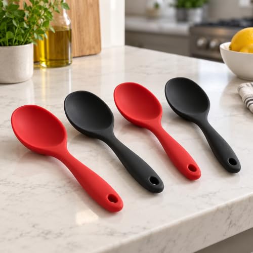 Jogo 4 Colheres de Silicone Cozinha Cabo Curto Preparo Antiaderente
