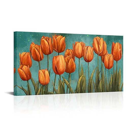 LevvArts Orange Flower Wall Art Decor Tulip Canvas Painting Teal and Orange Picture Prints Modern Kitchen Bedroom Decorations Easy to Hang 24"x48" by LevvArts - Used condition - US$40.74