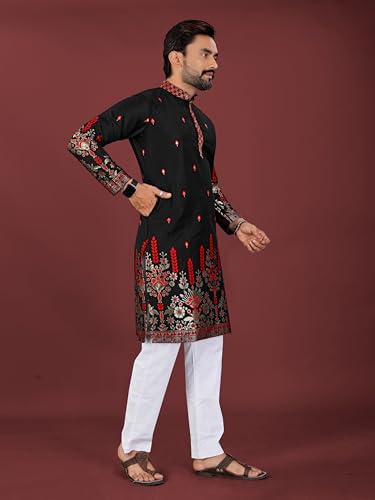 Image of Men's Cotton Silk Kurta with Jacquard Work Full Sleeves Floral Printed Side Slit and Mandarin Collar Neck | Kurta Pajama Set for Men Cotton Wedding | Short Kurta for Men