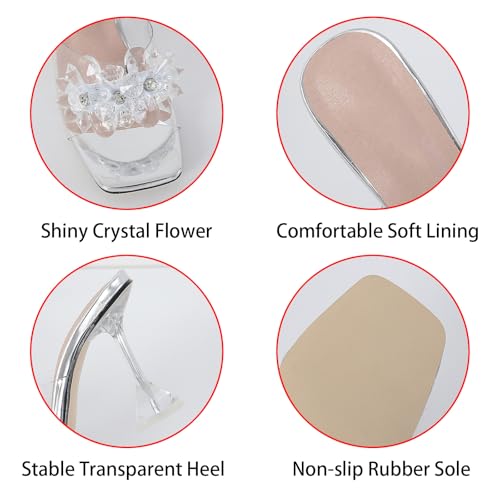 Women's Clear Flower Crystal Stiletto Heel Sandals Fashion Comfortable Square Open Toe Summer Slip On Wine Glasses Heel Dress Slides Sandals for Formal Wedding Party3