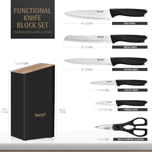 hecef 7-Piece Sharp Knife Set with Wooden Block - Durable Stainless Steel Blades, Ergonomic Handles - Includes Chef, Slicing, Bread, Utility, Paring Knives & Kitchen Scissors, - Image 4