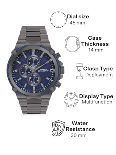 Image of French Connection Astro Multifunction Blue Round Dial Stainless Steel Strap | Casual | Premium | See Through Feature | Sunray Feature Wrist Watch for Men - FCH18GNM