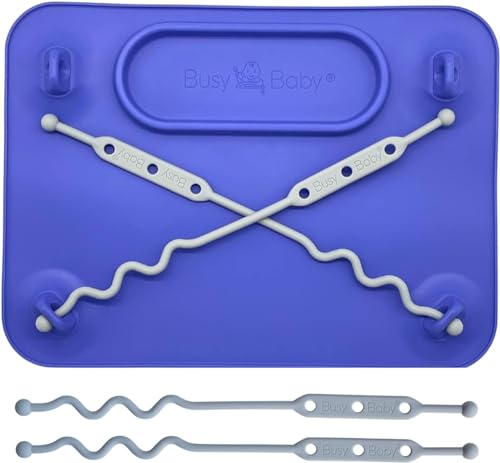 Image of BUSY BABY Busy Baby Silicone Placemat - Built-in Suction Cups - 4 Toy Tethers for Babies Toddlers and Kids - Food Grade Silicone - 8.5 x 11 in - Comes with Travel Sleeve - Dishwasher Safe - Violet