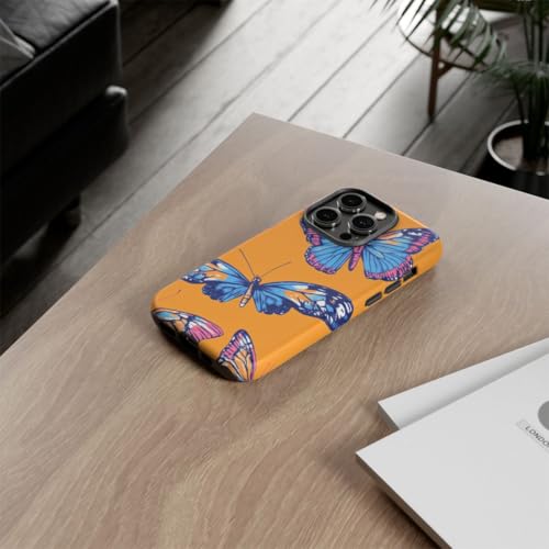 Coque iPhone 14 Pro papillons bleus et roses rigide mate orange contre traces et chocs