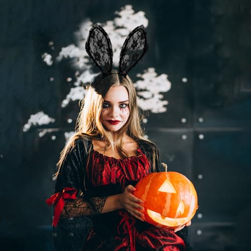 QIZHIQIAMY Hasenohren Haarreif Schwarz Spitze Halloween Hasen Ohren Haarreif Black Bunny Ears Kostüm für Erwachsene Halloween, Karneval Hasenohren Kostüm Accessoires