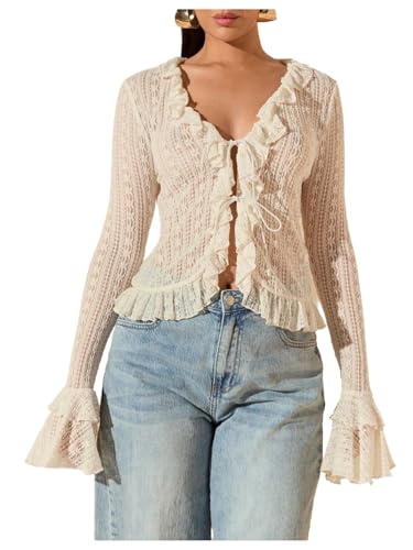 GORGLITTER Women's Tie Front Bell Sleeve Lace Tops Ruffle Mesh Vintage Shirts