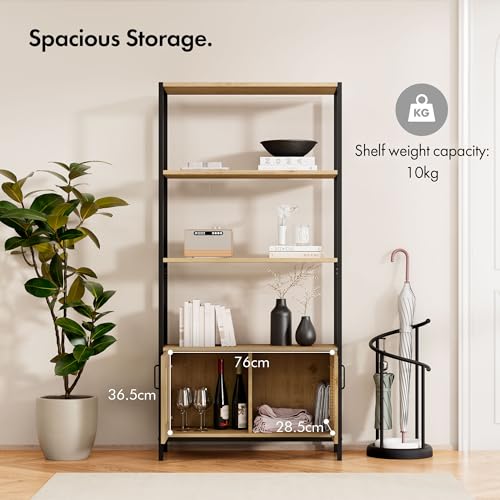 Vonhaus Bookcase - Book Shelf for Living Room - Rattan Effect Shelving Unit, Internal Storage & 3 Open Shelves - Scandi Look Hallway Bookshelf - Modern Light Wood Effect with Black Metal Legs, Lena